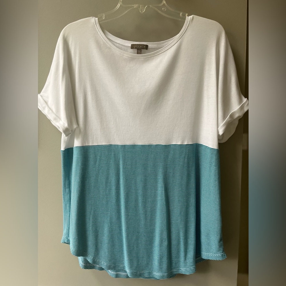 Lilla P White and Green striped cotton top Sz L